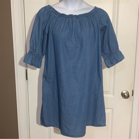 Speed Control New York Women’s Sz 1X Blue Chambray Off Shoulder 3/4 Sleeve Dress - Picture 1 of 11